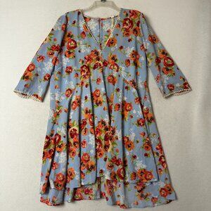 Uncle Frank dress sz XL blue orange red  floral textured boho beachy USA‎